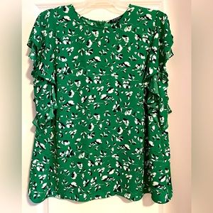 Ralph Lauren Vibrant green high-neck blouse flutter sleeves/zip-back close